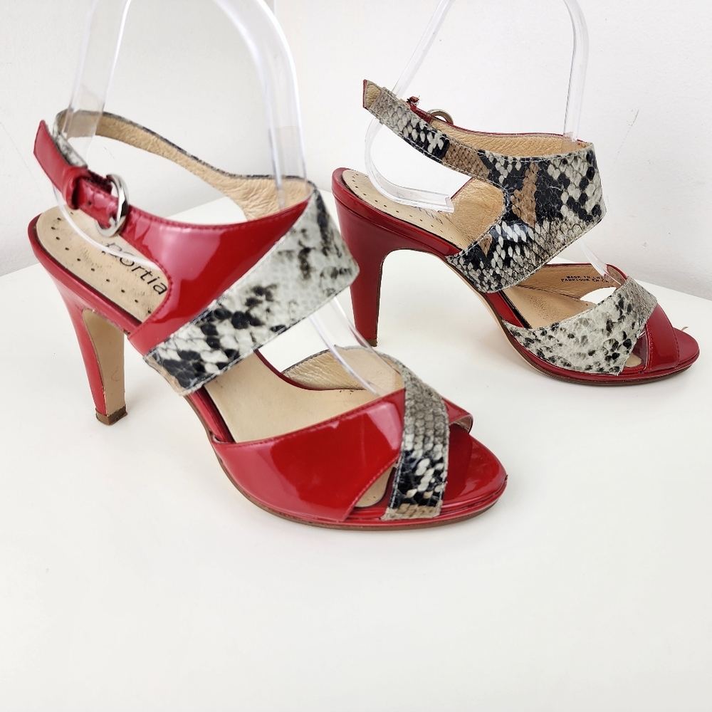 Portia Leather Slingback Kitten Heel Red and Snake Print Sandals Size 6M